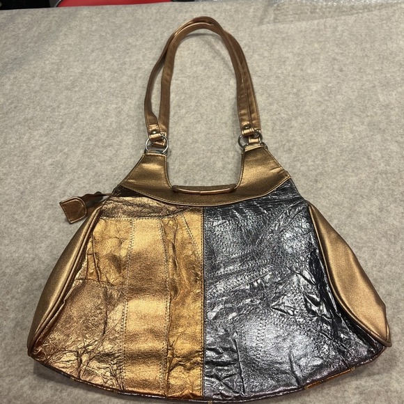 Y2K Michelle Genuine Leather Metallic Handbag Gold Bronze Copper Italian Purse - Picture 8 of 16